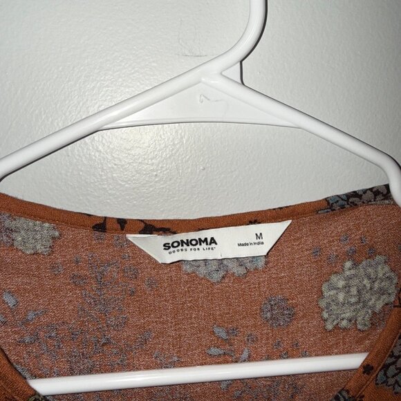 Sonoma Womens Floral Ruffle Blouse M Rust Multi-Color Long Sleeve 100% Rayon - Picture 3 of 6